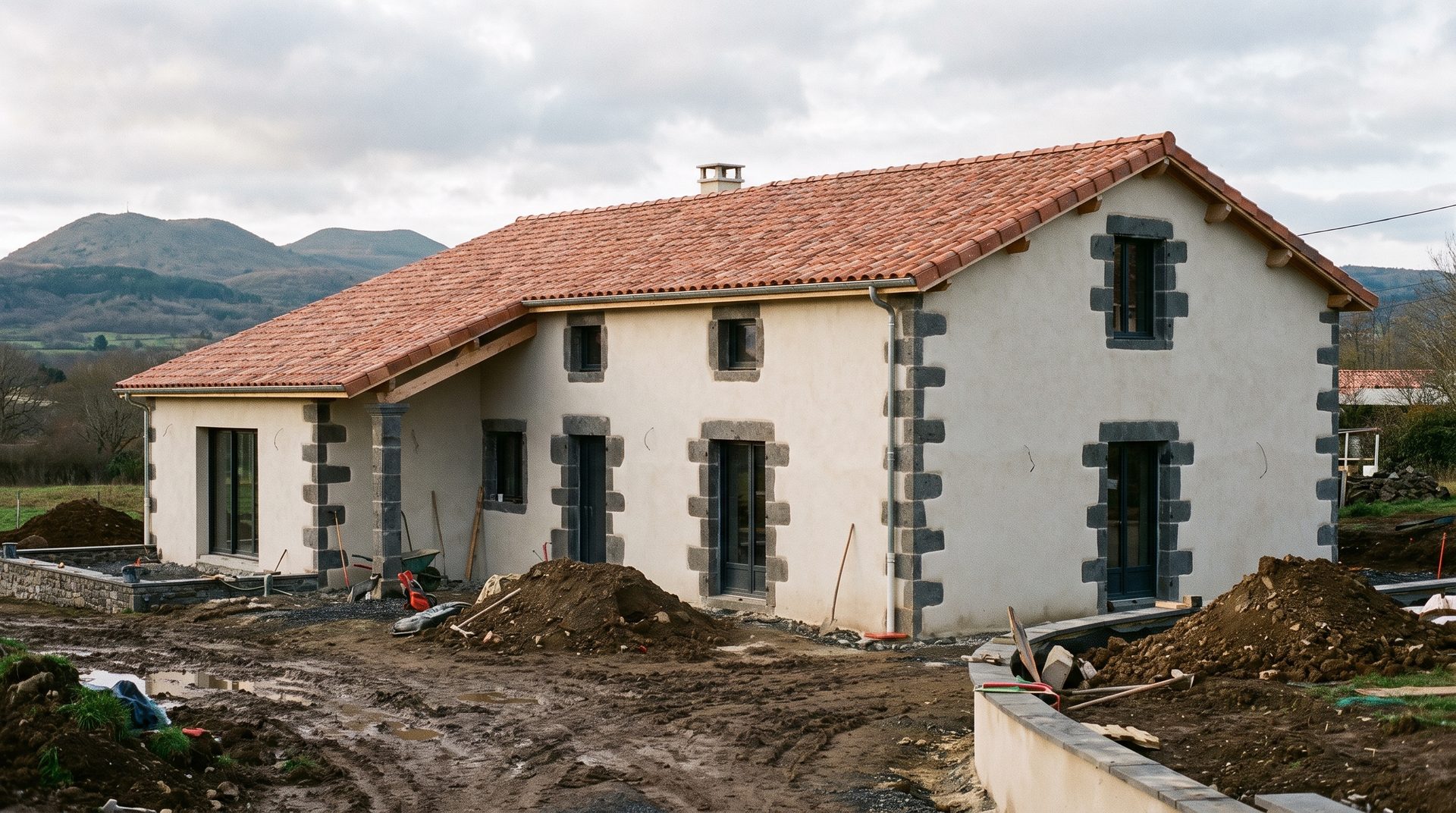 Maison individuelle rénovée en fin de chantier, dans la campagne clermontoise