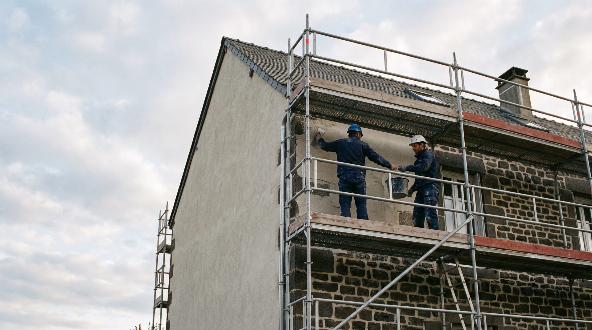 Deux façadiers appliquent un enduit sur la façade d’une maison en pierre, depuis un échafaudage