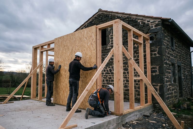 Charpentiers montant l’ossature bois d’une extension contre une maison en pierre