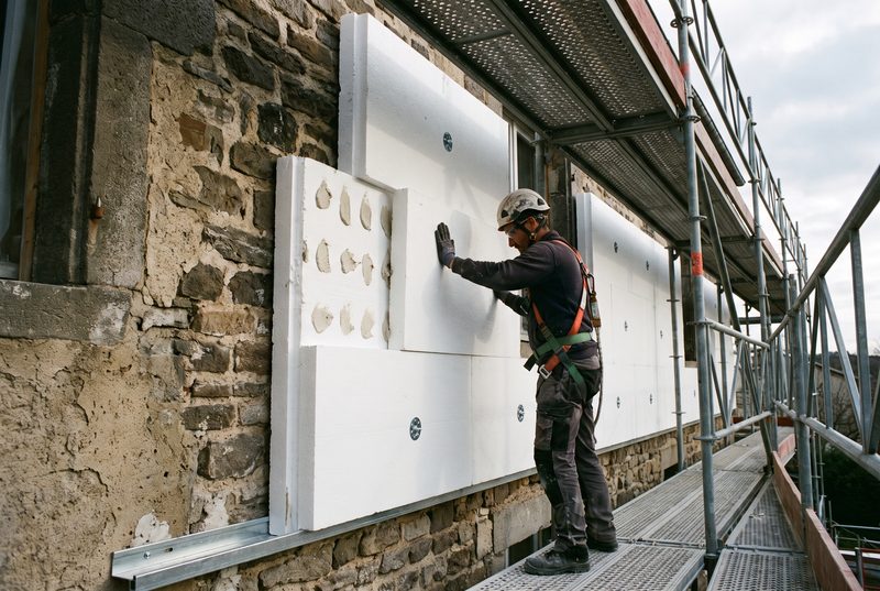 Artisan posant un panneau isolant sur une façade, chevilles à rosace visibles