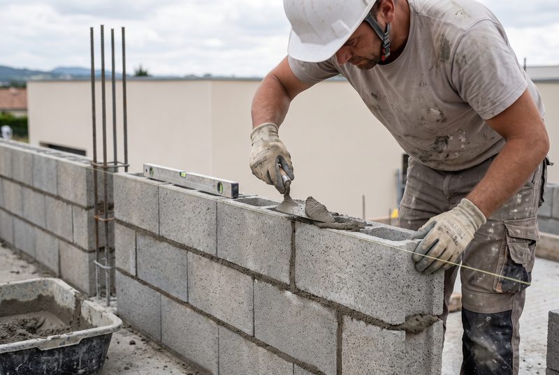 Maçon montant un mur en blocs béton, truelle chargée de mortier