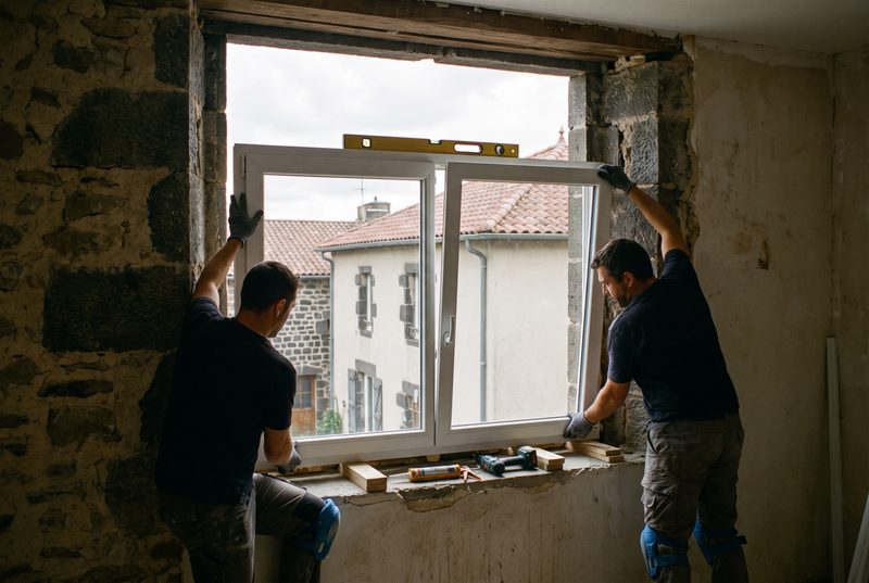 Deux menuisiers positionnant une fenêtre neuve dans une ouverture existante