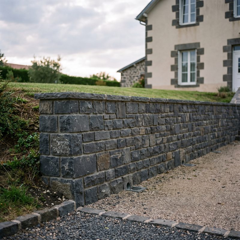 Mur de soutènement en pierre volcanique dans le jardin d’une maison