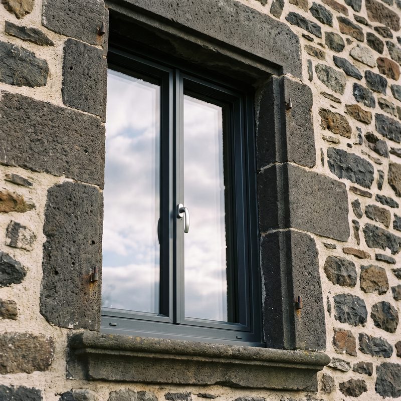 Fenêtre en aluminium anthracite posée dans un encadrement en pierre